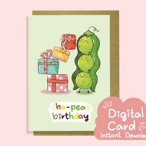 Digital Printable Birthday Card With Pea Illustration, Cute Downloadable Birthday Card, Instant Download Card for Birthday