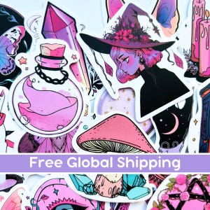 Lot d'autocollants en vinyle sorcière gothique rose, lot d'autocollants d'Halloween, autocollants magiques chat noir, décalcomanie mystique, potion magique, mauvais œil
