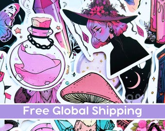 Pink Gothic Witch Vinyl Sticker Bundle, Halloween Decal Sticker Pack, Magic Themed Black Cat Stickers, Mystic Decal, Magic Potion, Evil Eye