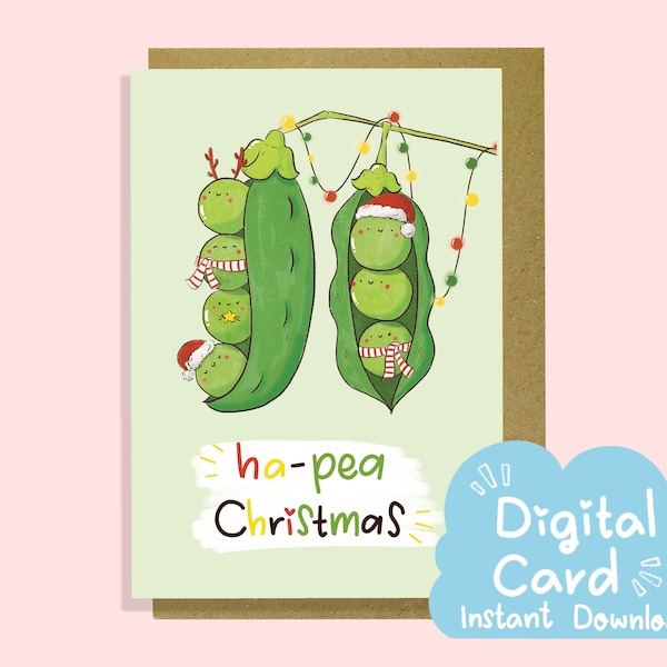 Printable Kawaii Christmas Card With Pea, Happy Christmas Cute Digital Holiday, Instant Download Christmas Card