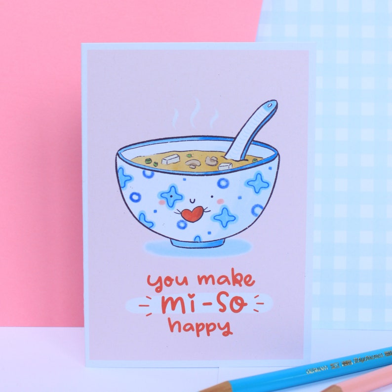 Funny Love Card For Him , Adorable Handmade Valentine's Card With Miso Soup Illustration, Card from Recycled Paper, Plastic Free Packaging imagem 2