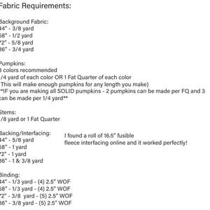 Pode incluir: Um documento branco intitulado "Fabric Requirements" lista a metragem de tecido para fundo, ab&oacute;boras, caules, forro/entretela e encaderna&ccedil;&atilde;o. As medidas s&atilde;o dadas em polegadas e jardas. O texto tamb&eacute;m menciona a entretela de l&atilde; fus&iacute;vel.