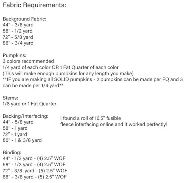 Pode incluir: Um documento branco intitulado "Fabric Requirements" lista a metragem de tecido para fundo, ab&oacute;boras, caules, forro/entretela e encaderna&ccedil;&atilde;o. As medidas s&atilde;o dadas em polegadas e jardas. O texto tamb&eacute;m menciona a entretela de l&atilde; fus&iacute;vel.