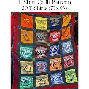 May include: A handmade quilt made from 20 t-shirts, featuring a variety of colorful designs with the text "Hooked On Fishing". The quilt measures 73 x 93 inches. The quilt is bordered with a dark red fabric and has the text "T-Shirt Quilt Pattern" at the top.