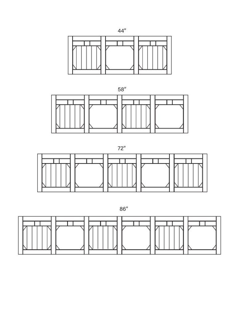 Pode incluir: Desenhos lineares de quatro m&oacute;veis de madeira de tamanhos diferentes, cada um com formato retangular e uma s&eacute;rie de ripas verticais. Os tamanhos s&atilde;o indicados como 112 cm, 147 cm, 183 cm e 218 cm.
