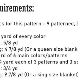 May include: A black and white text document titled Fabric Requirements, specifying 1/4 inch seams and fabric needs for a large quilt and queen size quilt, including yardage for binding and backing, and instructions to choose 12 fabrics total.