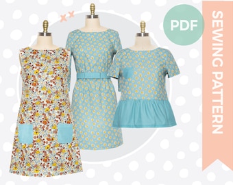 Pdf sewing pattern - 1960s dress sewing pattern - Multi-size indie digital sewing pattern - Tunic dress with pockets and t-shirt with peplum