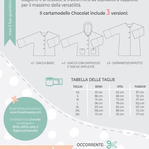 May include: A sewing pattern for a jacket or coat called Chocolat. The pattern includes three versions: a basic jacket, a jacket with a hood and pockets, and a longer coat. The pattern includes a size chart with measurements in inches.
