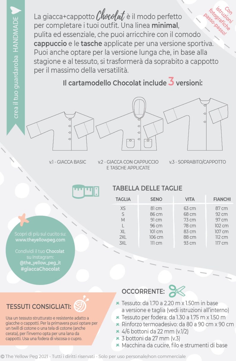 May include: A sewing pattern for a jacket or coat called Chocolat. The pattern includes three versions: a basic jacket, a jacket with a hood and pockets, and a longer coat. The pattern includes a size chart with measurements in inches.