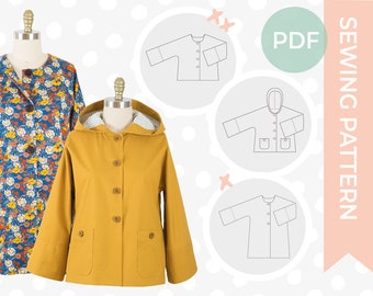 Pdf sewing pattern - Jacket + Coat + Overcoat pattern - Multi-size digital sewing pattern - Jacket with kimono sleeve, patch pocket, hood