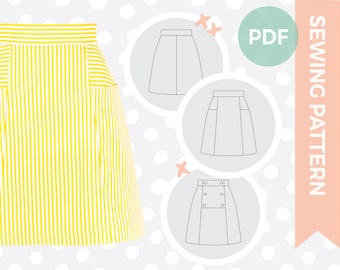Digital sewing pattern - A-line skirt pdf sewing pattern - Multisize 1960s skirt indie sewing pattern -Buttoned skirt pockets sewing pattern