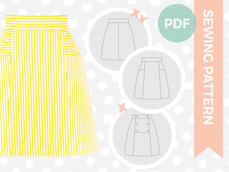May include: A sewing pattern for a skirt with a striped yellow and white skirt and three different skirt styles. The pattern is available as a PDF download.