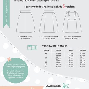 May include: A sewing pattern for a high-waisted A-line skirt called Charlotte. The pattern includes three variations: a basic skirt, a skirt with pockets, and a skirt with buttons. The pattern includes a size chart with measurements in inches.