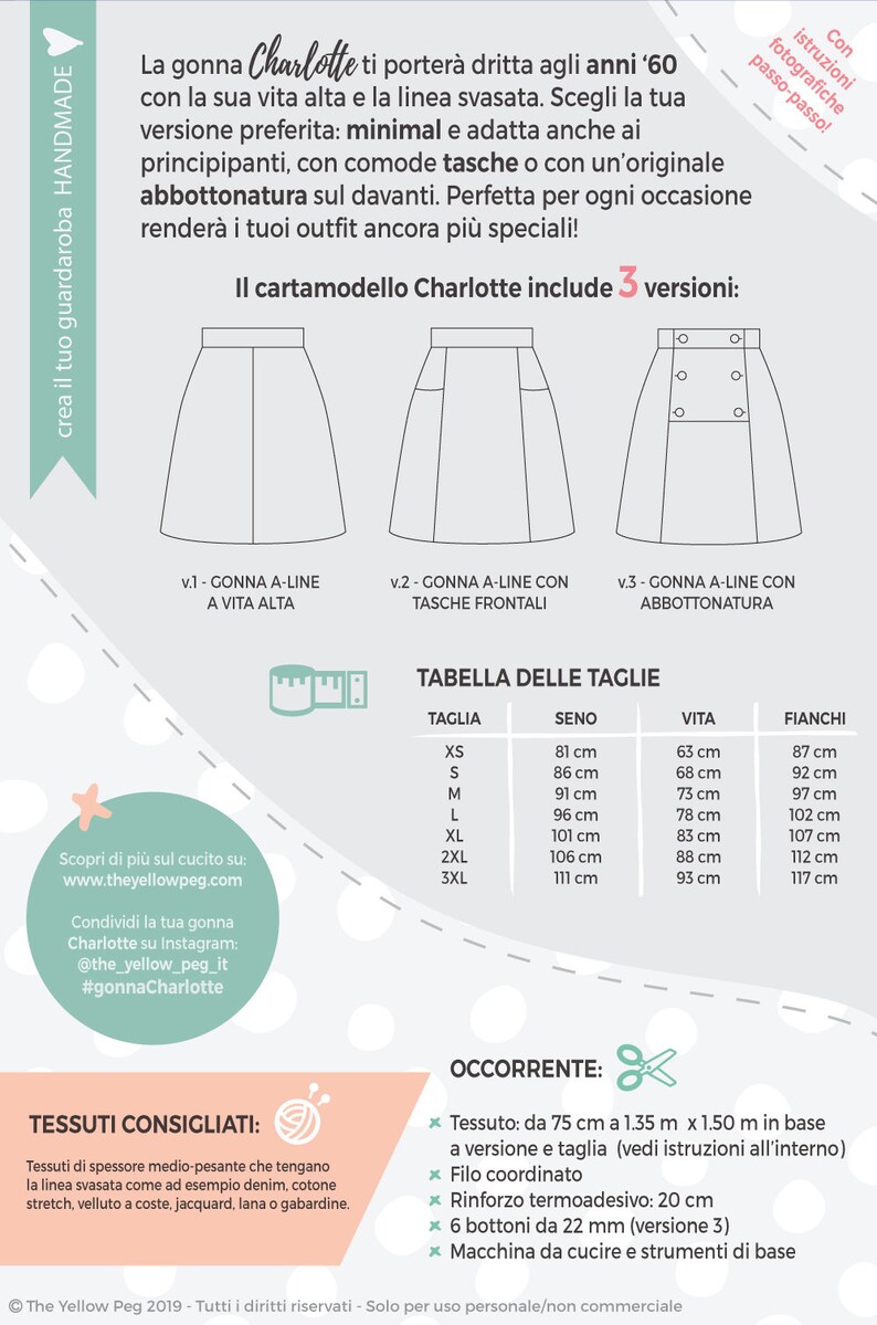 May include: A sewing pattern for a high-waisted A-line skirt called Charlotte. The pattern includes three variations: a basic skirt, a skirt with pockets, and a skirt with buttons. The pattern includes a size chart with measurements in inches.