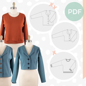 Sweatshirt cardigan sewing pattern PDF size XS-4XL - Sweat cardigan pattern for women - Rib trim sweatshirt sewing pattern - PDF pattern