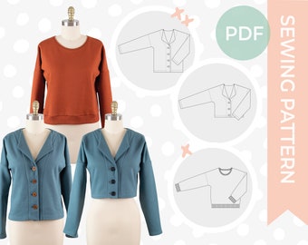 Sweatshirt cardigan sewing pattern PDF size XS-4XL - Sweat cardigan pattern for women - Rib trim sweatshirt sewing pattern - PDF pattern