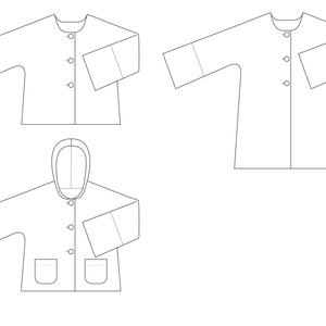 May include: Line drawing of three different styles of jackets. The first two jackets are button-up with long sleeves and no hood. The third jacket has a hood and a button-up front.