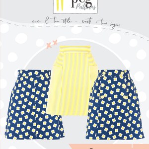 May include: A sewing pattern for a skirt called "Gonna Charlotte" with three different styles. The pattern includes instructions for a striped skirt, a skirt with a floral print, and a skirt with a plain fabric. The pattern is available in sizes XS-3XL.
