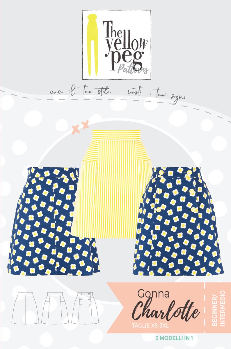 May include: A sewing pattern for a skirt called "Gonna Charlotte" with three different styles. The pattern includes instructions for a striped skirt, a skirt with a floral print, and a skirt with a plain fabric. The pattern is available in sizes XS-3XL.