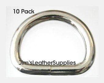 May include: A pack of 10 silver D-rings. The rings are about 1 inch in diameter.  The rings are made of metal and have a smooth finish.  The rings are ideal for attaching to leather goods, such as belts, bags, and wallets.