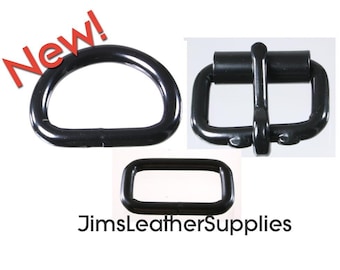 May include: Three black metal hardware pieces for leather crafting: a D-ring, a buckle, and a rectangle ring.
