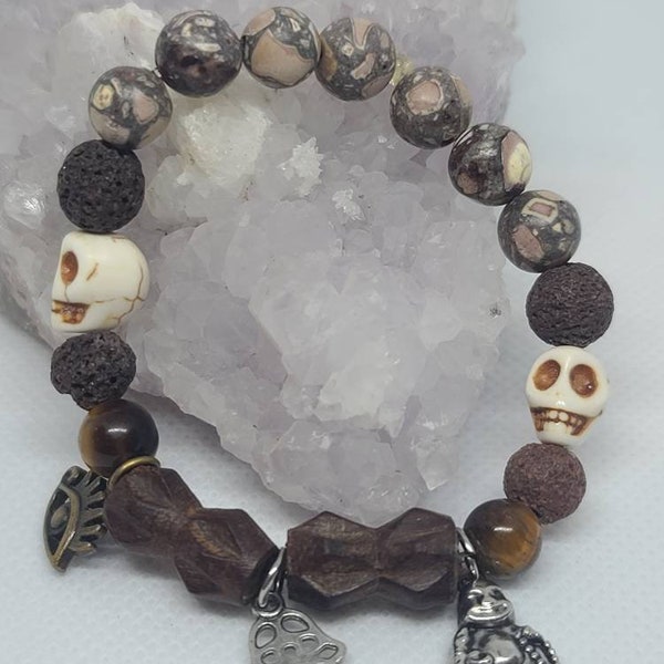 Howlite, natural brown lava stone, Tiger's Eye, wood beads, skull beads, Hamsa charm, Buddha charm, 3rd eye charm