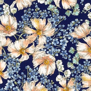 May include: A navy blue fabric with a floral pattern. The flowers are peach and white with a delicate, hand-painted look. The background is a deep navy blue.
