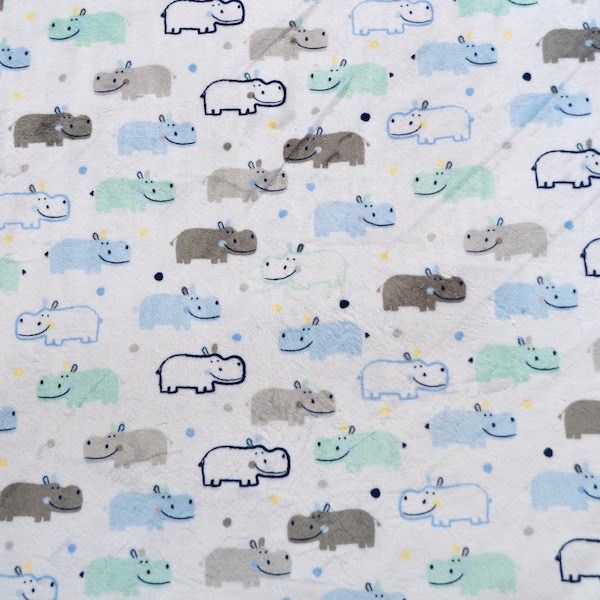 Deluxe Blue Hippos Minky Faux Fur Fabric