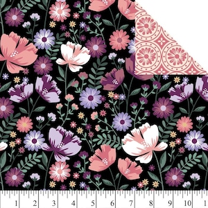 May include: A black fabric with a repeating pattern of pink, white, and purple flowers. The fabric has a geometric pattern on the back side.