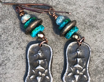 Dangle Earrings with Pewter Charms, Stacked Picasso, Glass, and Apatite Beads
