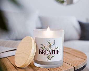 Breathe Floral Swirl Candle, 11oz Frosted Glass Wellness Theme, Cool Home Decor Style, Edgy Botanical Design, Gift for Friend