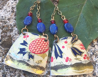 Vintage Tin earrings, Retro earrings, Lapis Lazuli earrings, Bohemian earrings