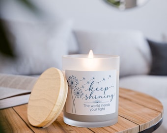 Keep Shining Dandelion Candle, 11oz Frosted Glass Inspirational Quote, Cool Home Decor Style, Edgy Botanical Design, Gift for Friend