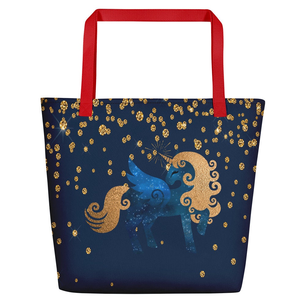Unicorn Tote Bag All Over Print Tote Bag Blue and Gold Unicorn Etsy