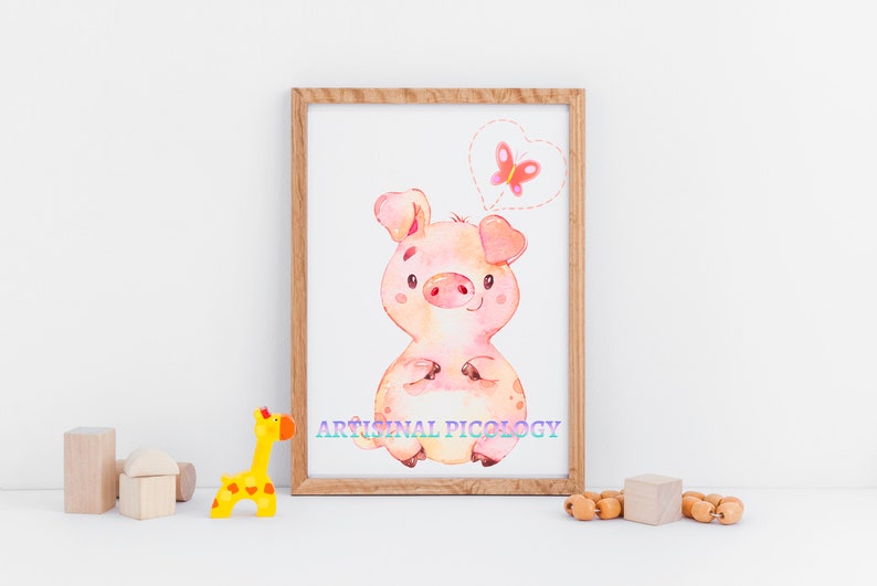 May include: A watercolor illustration of a pink pig with a butterfly in a heart-shaped thought bubble. The illustration is framed in a light wood frame.