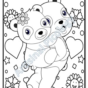 May include: A black and white line drawing of two panda bears hugging. The panda on the left has a flower on its head. The background is filled with hearts, stars, and flowers.