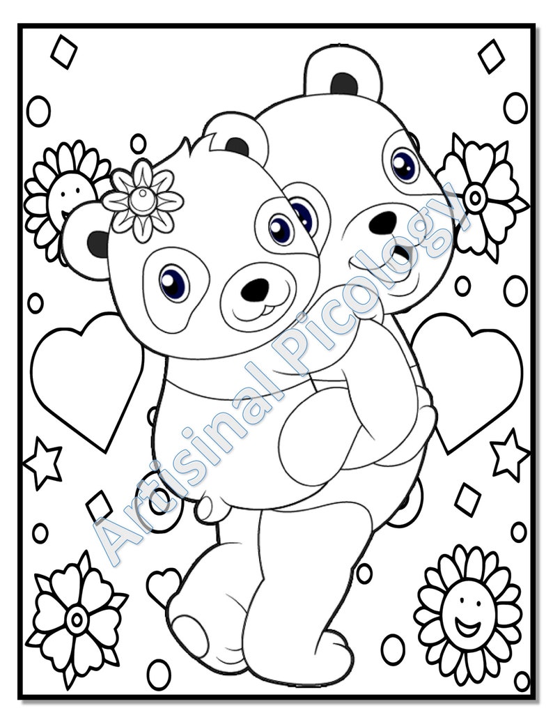 May include: A black and white line drawing of two panda bears hugging. The panda on the left has a flower on its head. The background is filled with hearts, stars, and flowers.