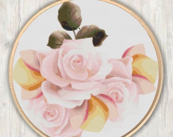 Pink Rose Cross Stitch Pattern, modern cross stitch pattern, rose cross stitch pattern, needlecraft, colorful, instant PDF download