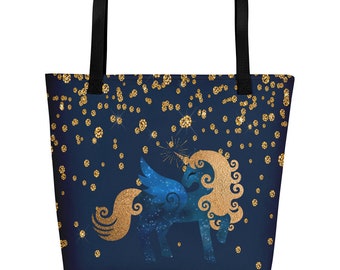 Unicorn Tote Bag All Over Print Tote Bag Blue and Gold Unicorn Beach Tote Bag Unicorn Shopping Bag Unicorn Bag