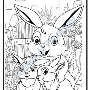 May include: A black and white line drawing of three rabbits. The mother rabbit is standing with her two baby rabbits sitting in front of her. The rabbits are in a garden setting with flowers and a wooden gate.