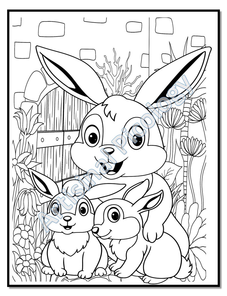 May include: A black and white line drawing of three rabbits. The mother rabbit is standing with her two baby rabbits sitting in front of her. The rabbits are in a garden setting with flowers and a wooden gate.