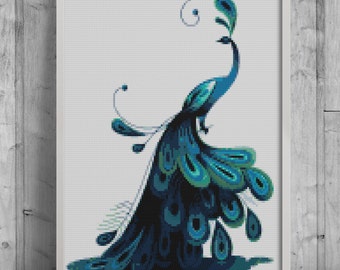 Blue Peacock Cross Stitch Pattern, modern cross stitch pattern, bird cross stitch pattern, needlecraft, colorful, instant PDF download