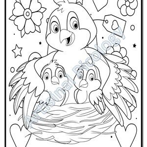 May include: A black and white line drawing of a mother bird and her two baby birds in a nest. The mother bird is sitting on the nest with her wings spread out. The baby birds are looking up at their mother. There are hearts, stars, and flowers around the nest.