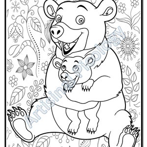May include: A black and white line drawing of a mother bear hugging her cub. The bears are surrounded by a floral pattern.
