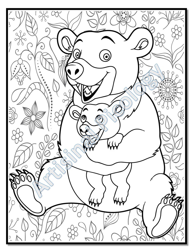 May include: A black and white line drawing of a mother bear hugging her cub. The bears are surrounded by a floral pattern.