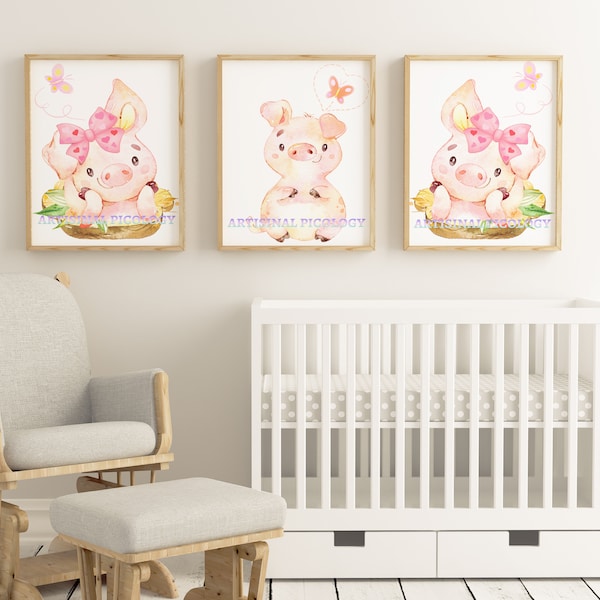 Pig nursery prints set of 3, whimsical art for kids room, pig baby shower decorations, kids playroom decor, classroom decor, girls nursery