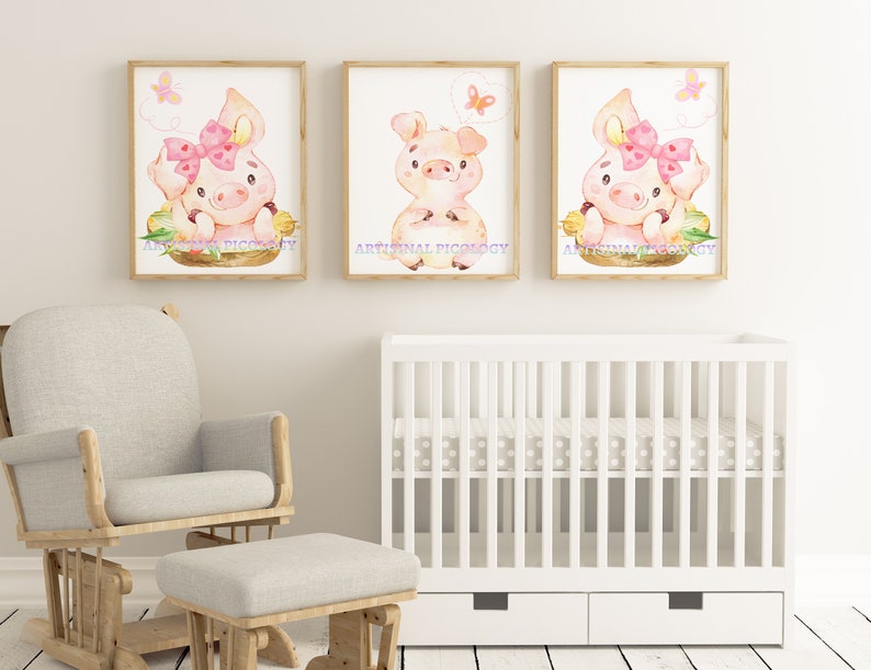 May include: Three watercolor paintings of pink pigs with bows and butterflies. Each pig is sitting in a nest of corn. The paintings are framed in wood and have a white background.