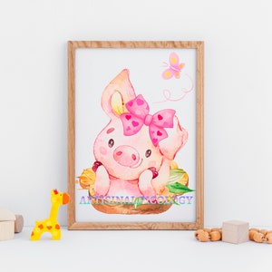 May include: A watercolor illustration of a pink pig with a pink bow and a butterfly. The pig is sitting in a nest of leaves and flowers. The illustration is framed in a light wood frame.