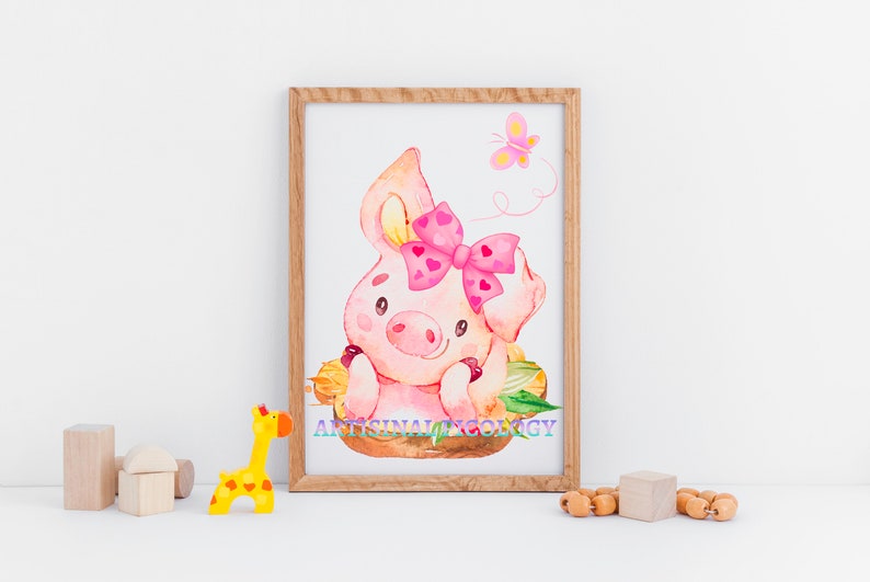 May include: A watercolor illustration of a pink pig with a pink bow and a butterfly. The pig is sitting in a nest of leaves and flowers. The illustration is framed in a light wood frame.