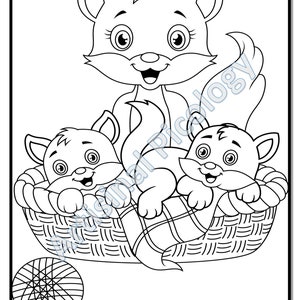 May include: A black and white line drawing of a mother cat and two kittens in a basket. The mother cat is sitting up and looking at the viewer. The kittens are lying down in the basket. There is a ball of yarn on the ground next to the basket.
